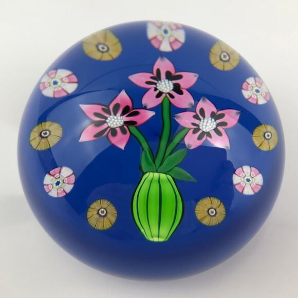 Perthshire 1984A Flower Pot Lampwork Flowers in Vase Millefiori Cane Paperweight - Picture 3 of 11
